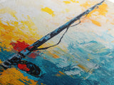 Fishing Rod, fly fishing art, nautical painting, coastal cowgirl wall art, rustic decor, blue and gold wall art, Framed Canvas Print