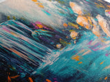 Vibrant Waterfall, Canvas Print, landscape painting, moody art, tropical art, teal wall art, extra wide art, rustic decor