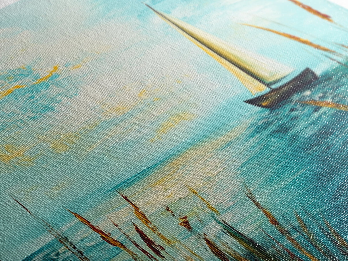 Serene Sailboat, Canvas Print, sailboat painting, coastal painting, nautical wall art, blue and green wall art, extra wide art
