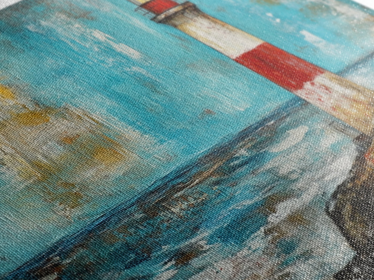 Red Lighthouse, nautical painting, coastal wall art, beach house decor, ocean painting, framed canvas print, above couch art