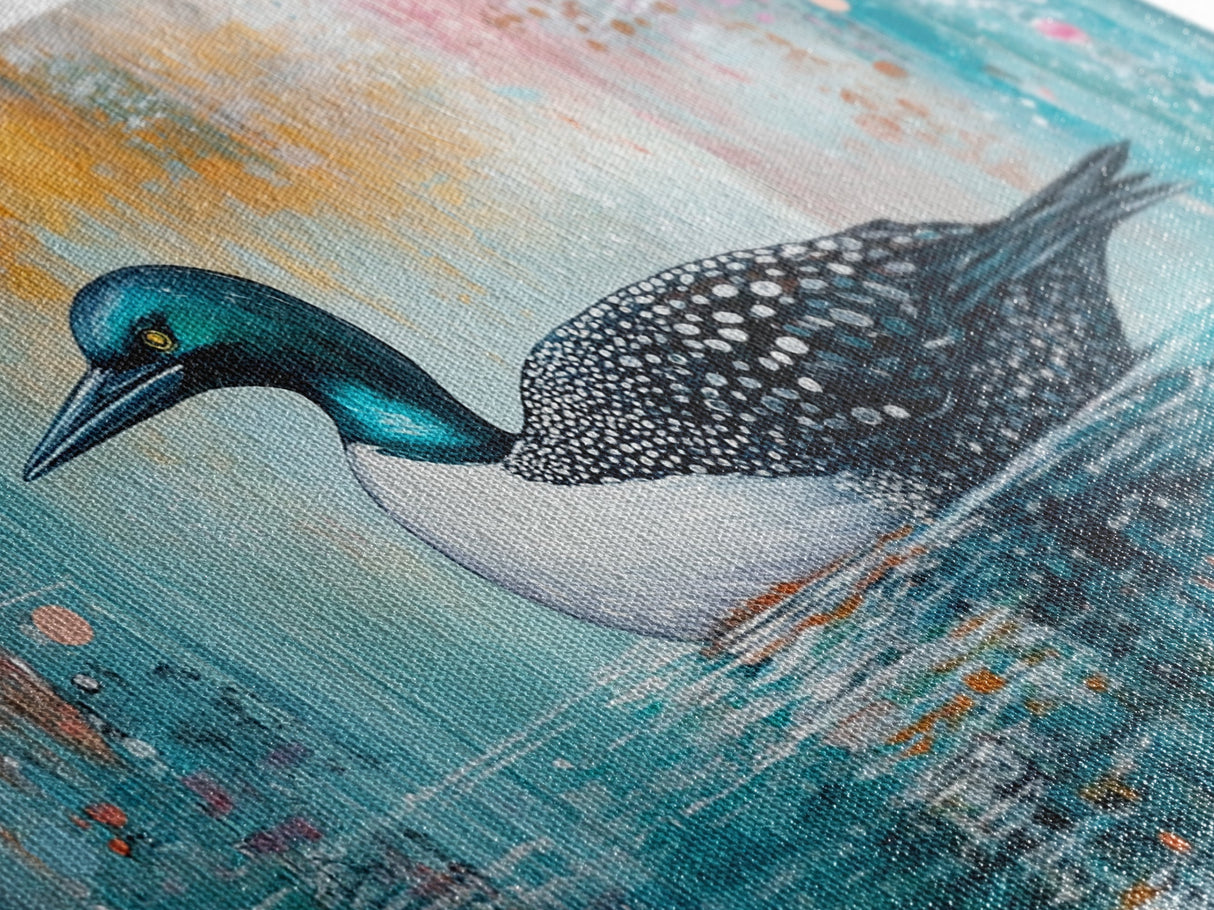 Loon Swimming Art, bird art, teal wall art, nature painting, lake decor, moody art, framed canvas print, rustic wall art