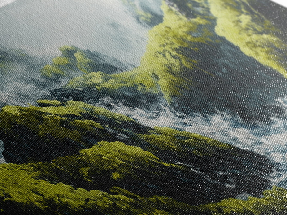 Waterfall Moss, green wall art, framed canvas print, mountain painting, zen wall art, rustic decor, original painting, above couch art