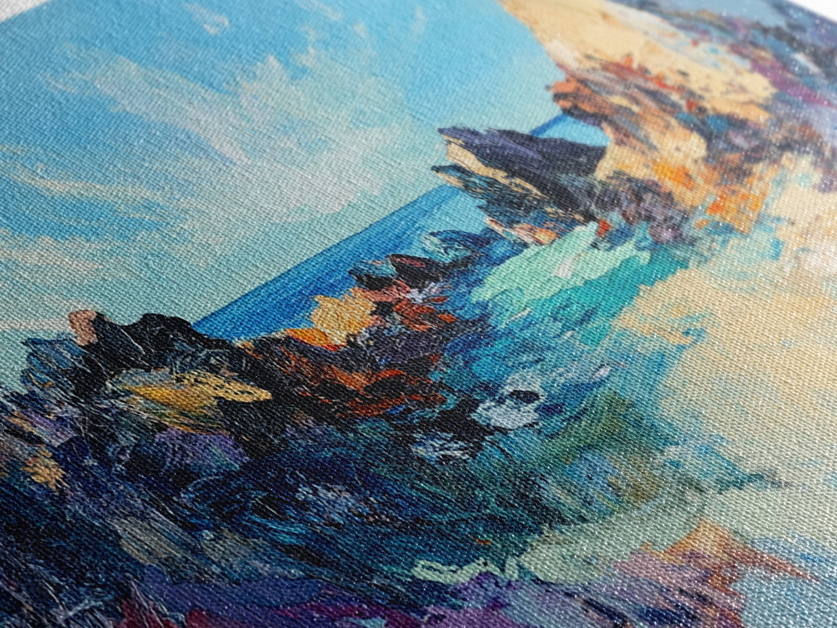 Rocky Seascape Panorama, framed canvas print, extra wide art, seascape painting, above couch art, nautical painting