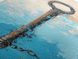 Rustic Key Painting, teal wall art, farmhouse art, coastal decor, framed canvas print, wabi sabi art, extra wide art, moody art