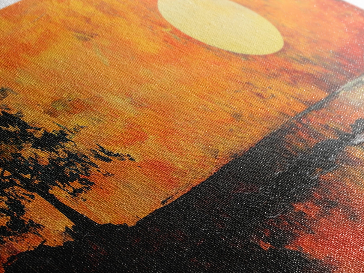 Sunset Tree, orange wall art, oak tree art, moody art, panoramic art, extra wide art, rustic wall art, Framed Canvas Print