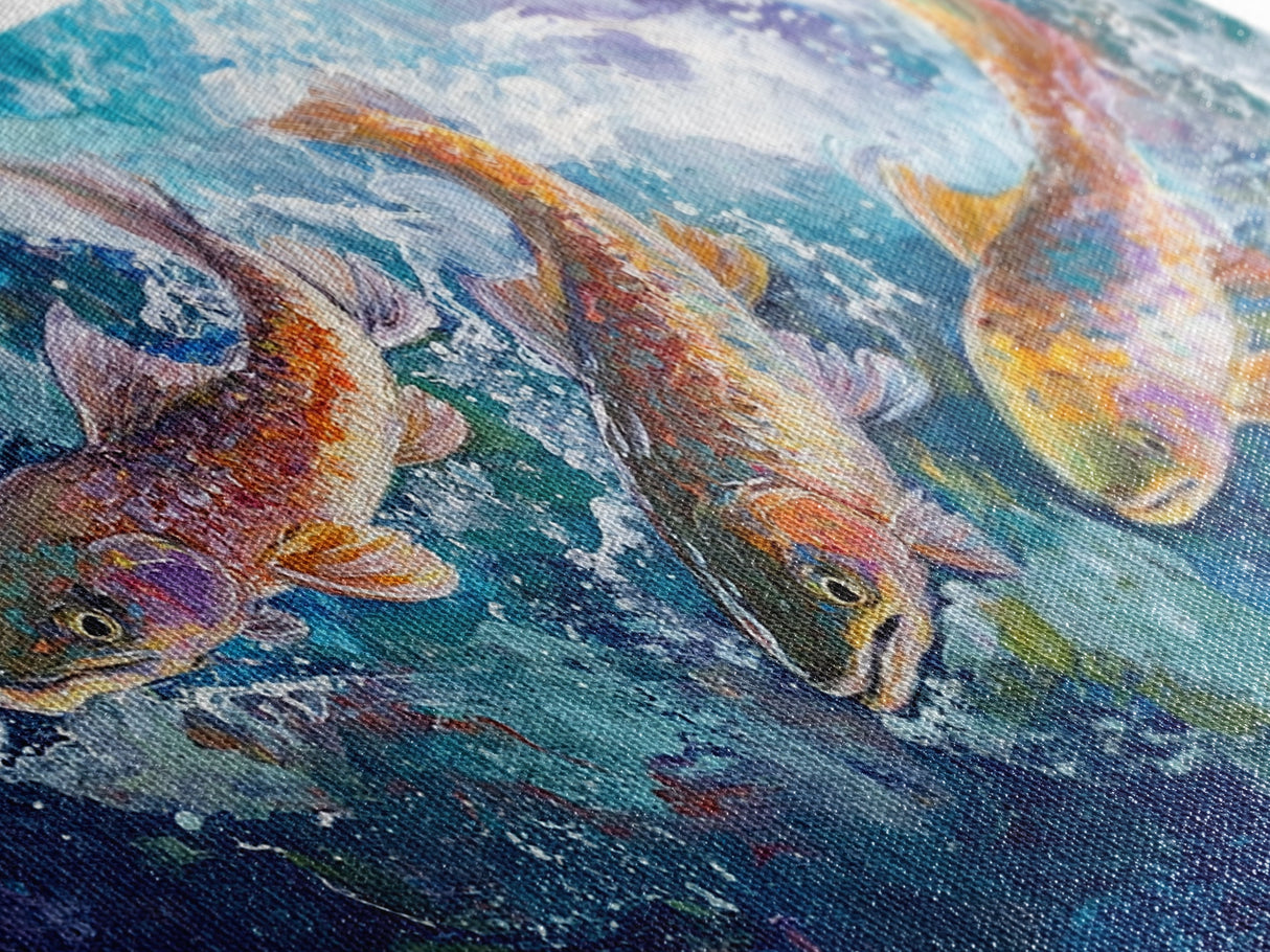 Koi Fish Painting, Framed Canvas Print, fly fishing art, trout art, extra wide painting, colorful fish painting, panoramic art