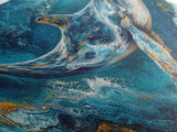 Blue whale, ocean waves, Canvas Print, whale painting, nautical decor, coastal wall art, seascape painting, extra wide art