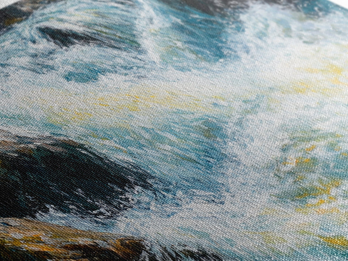 Waterfall, rushing stream, Canvas Print, landscape painting, above couch art, extra wide art, nature art, mountain painting