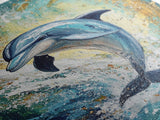 Dolphin, ocean painting, coastal wall art, nautical painting, framed canvas print, blue and green wall art, sea life decor