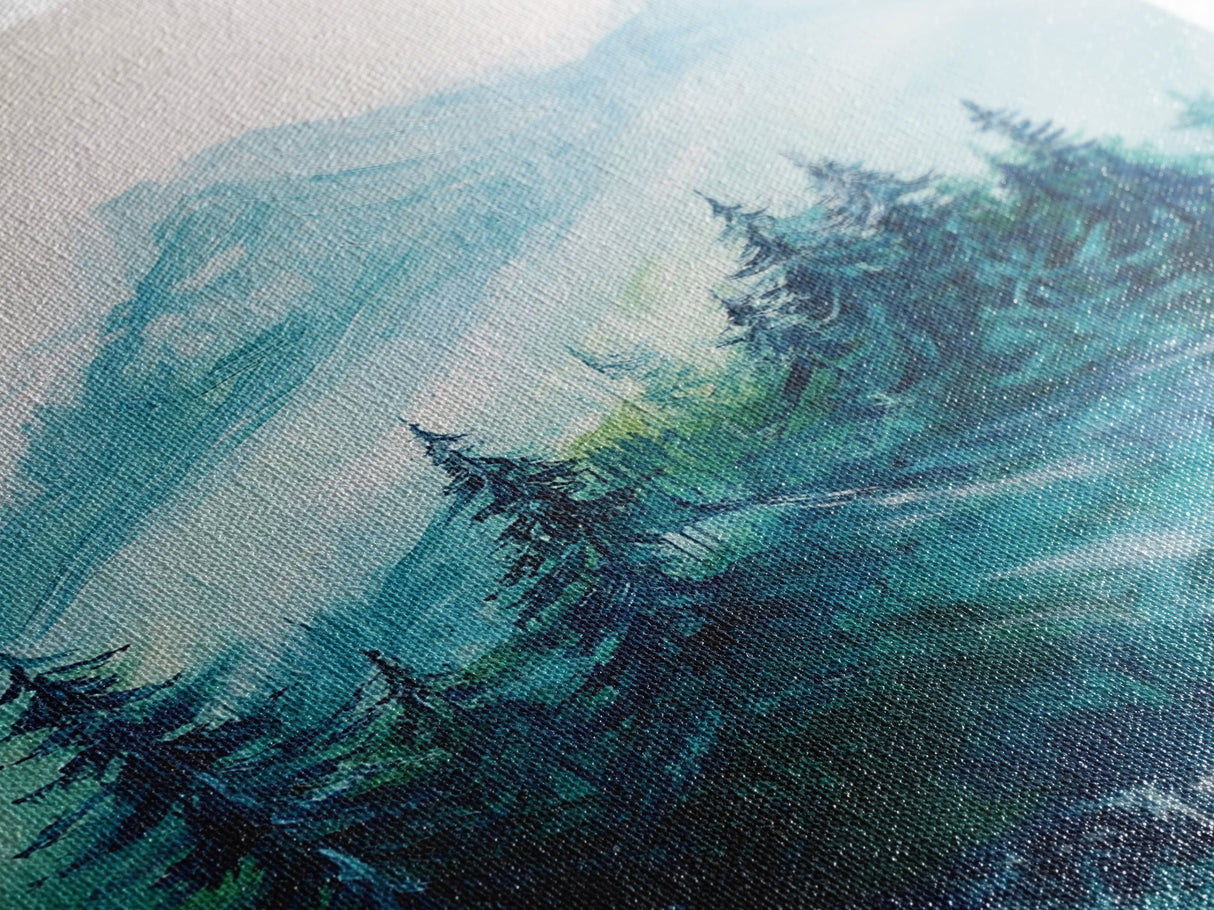 Mountain Painting, Forest Landscape Art, Nature Scene, Blue and Green Wall Art, Tranquil Scenery, Rustic Decor, Canvas Print