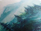 Mountain Painting, Forest Landscape Art, Nature Scene, Blue and Green Wall Art, Tranquil Scenery, Rustic Decor, Canvas Print
