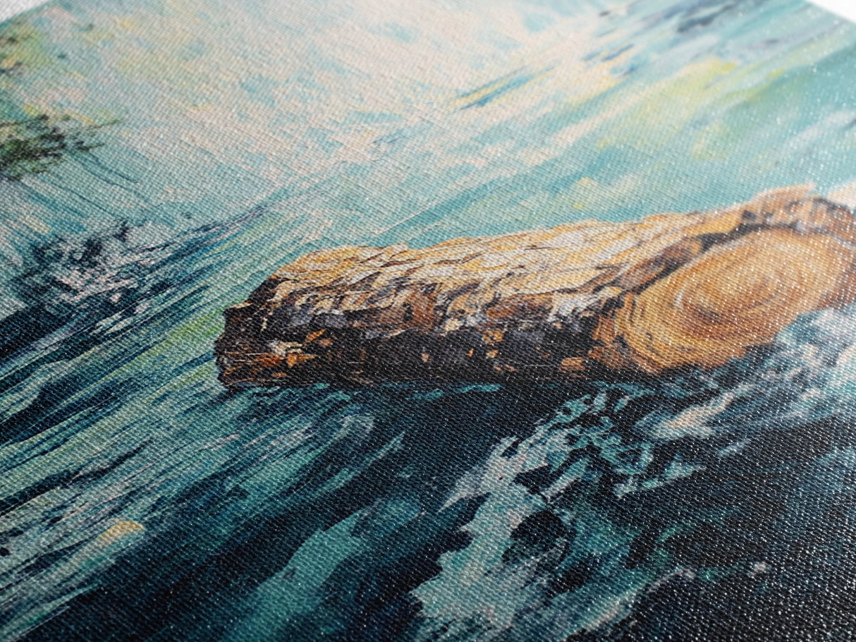 Log in Water, Forest at Dusk Painting, Rustic Nature Scene, Moody Wall Art, Blue and Green Decor, Framed Canvas Print
