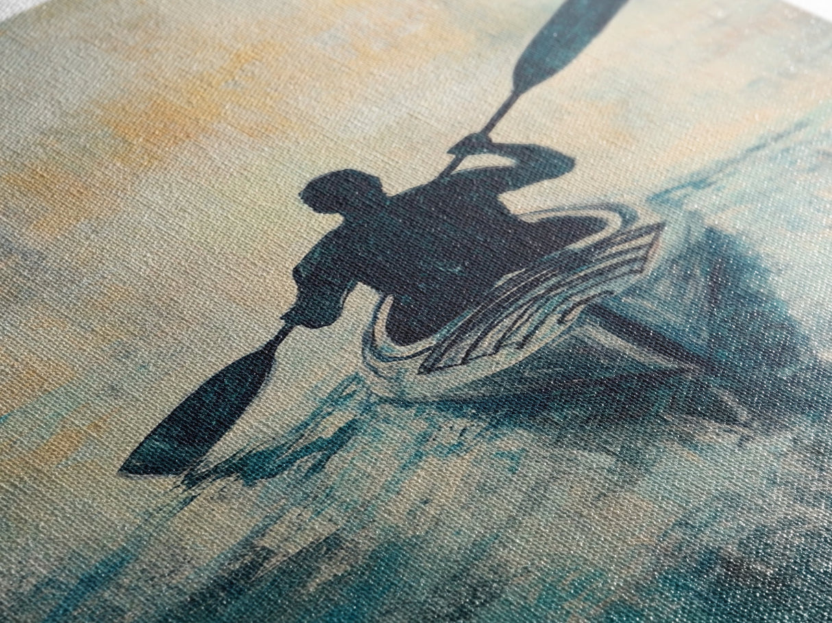 Kayaker at Sunset, Coastal Landscape Art, Nautical Wall Art, Moody Art, Above Sofa Art, Ocean Painting, Framed Canvas Print