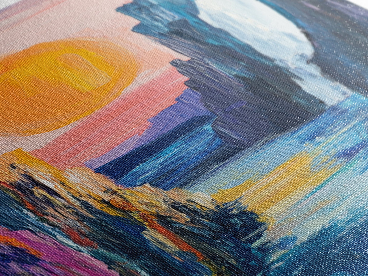 pink orange wall art, sunset painting, abstract landscape painting, blue and green wall art, Framed Canvas Print, boho art, modern decor