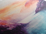 coastal decor, mountain painting, pink orange wall art, sunrise painting, landscape painting, Framed Canvas Print, abstract wall art