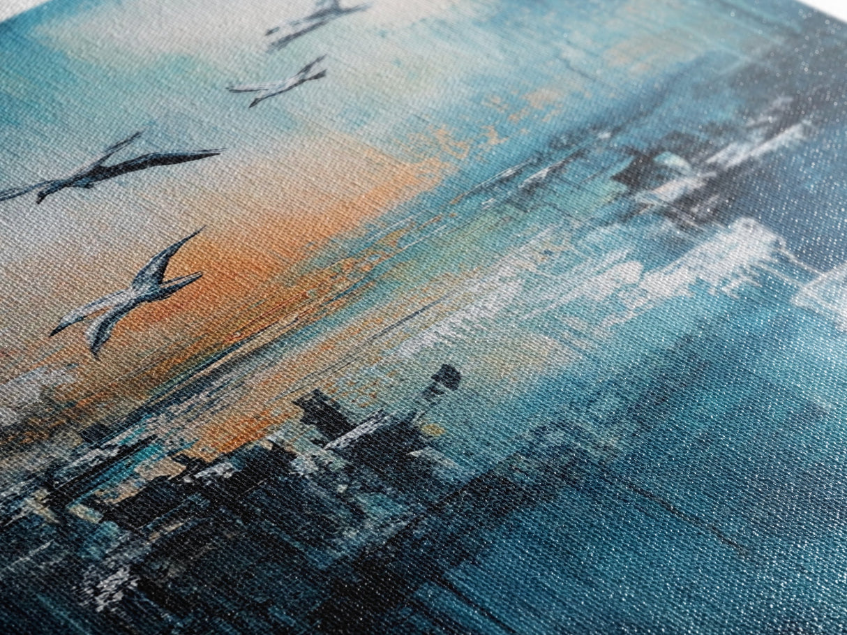 Seagull Art, coastal wall art, nautical painting, ocean birds, teal wall art, moody art, framed canvas print, gift idea, coastal decor