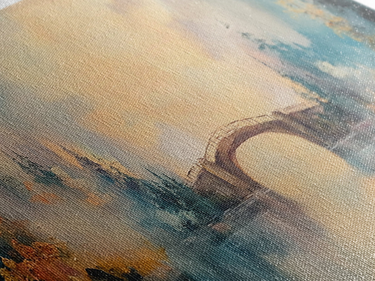 Misty Bridge Framed Canvas Print, Dreamy Lake Landscape Wall Art, Autumn Home Decor, Romantic Nature Painting, Serene Wall Artwork