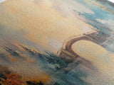 Misty Bridge Framed Canvas Print, Dreamy Lake Landscape Wall Art, Autumn Home Decor, Romantic Nature Painting, Serene Wall Artwork