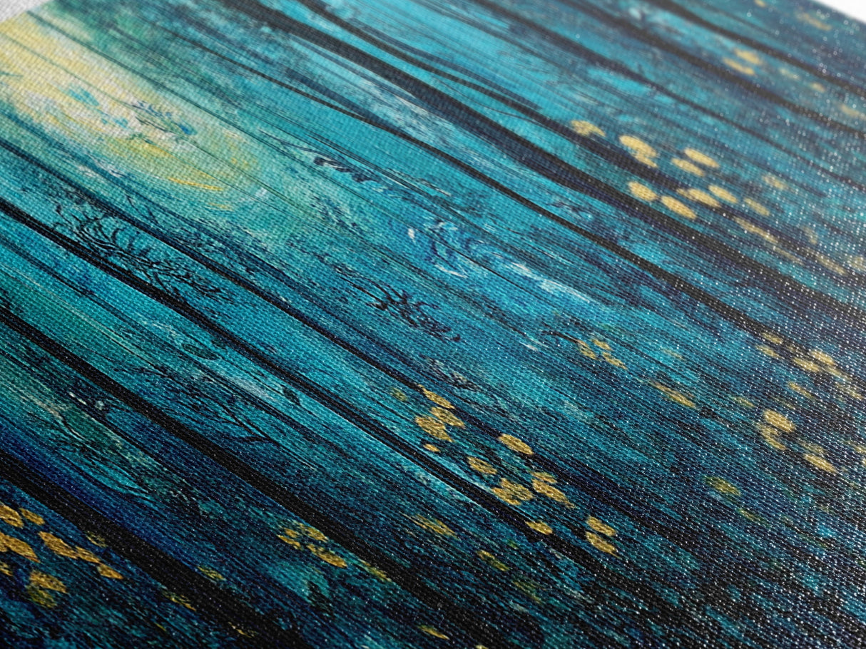 Moonlit Forest Wall Art, Mystical Woodland Painting, Dark Blue Nature Art, Enchanted Trees, Cozy Cabin Decor, Bedroom Wall Art