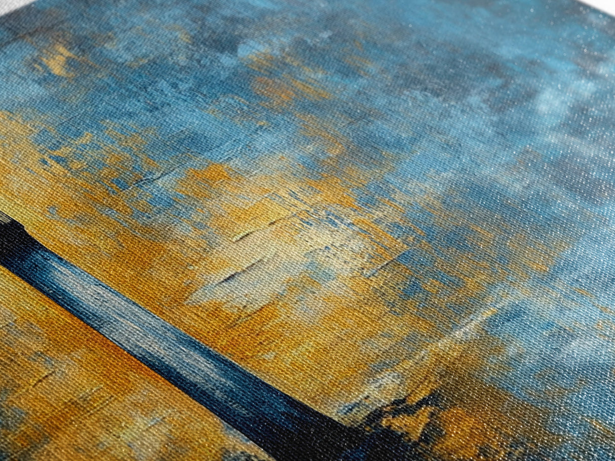 Lighthouse at Dusk Art, Nautical Coastal Painting, Moody Blue and Gold Wall Decor, Ocean Scene Artwork, Tranquil Living Room Art