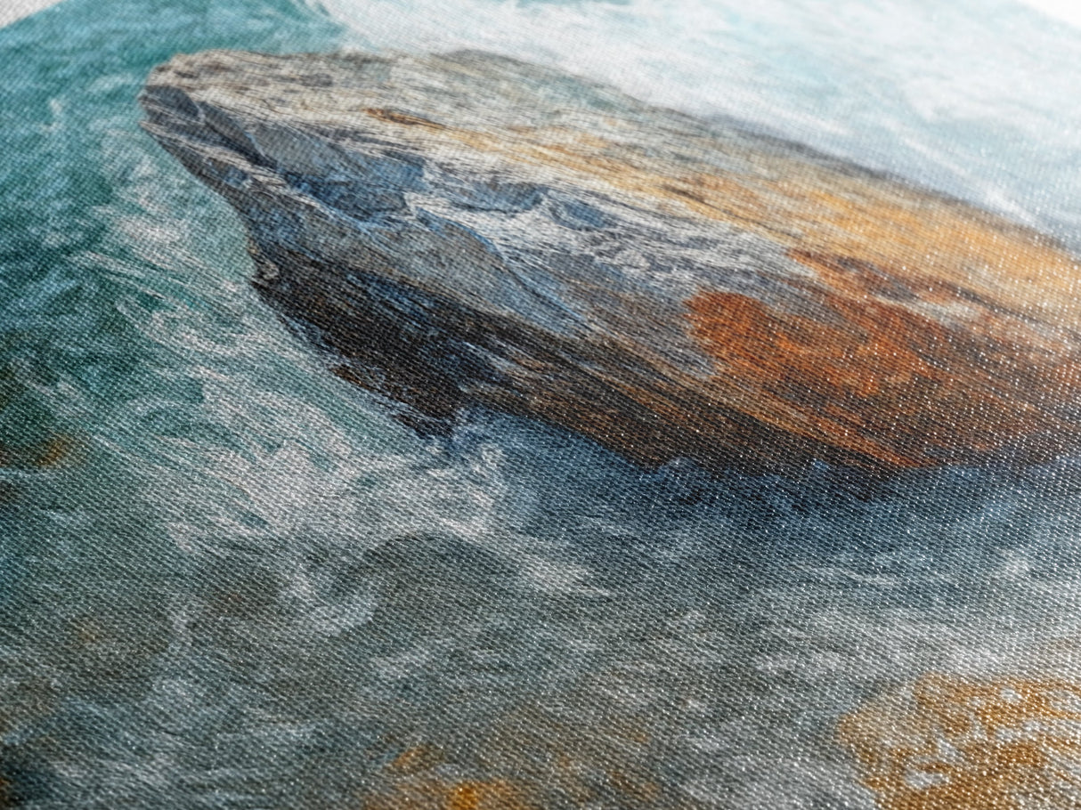 Ocean Rock Waves Framed Canvas Print Coastal Nature Wall Art, Beach Landscape Painting, Rustic Seascape Decor, Home Accent