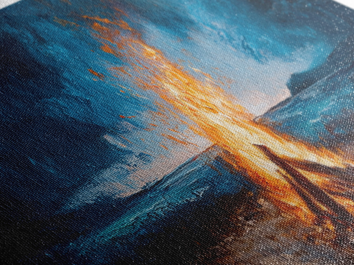 Stormy Beach Bonfire Canvas Print Dramatic Coastal Wall Art Ocean Fire Pit Painting Wilderness Adventure Decor Moody Gift