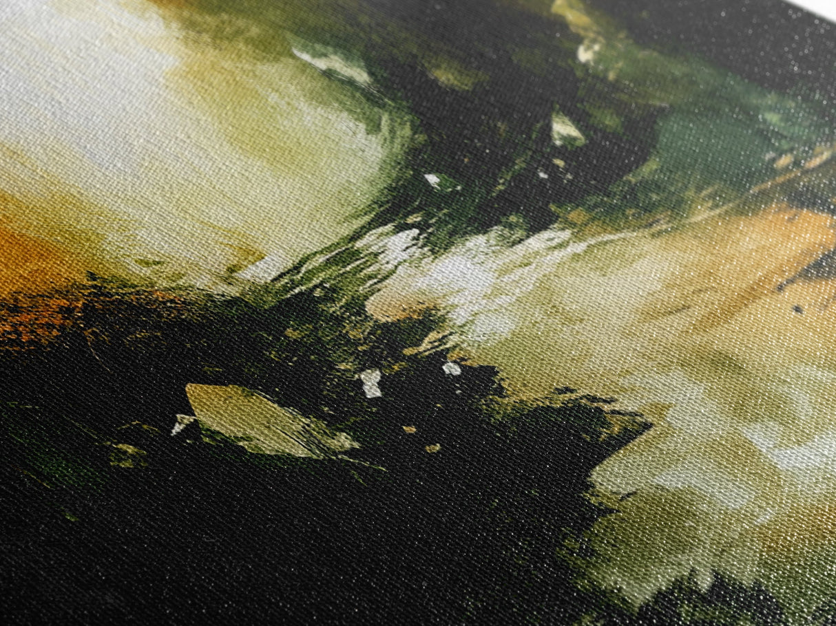Dark Fantasy River Painting, Moody Abstract Landscape, Green and Gold Mystical Wall Art, Mysterious Hallway Decor, Framed Canvas Print