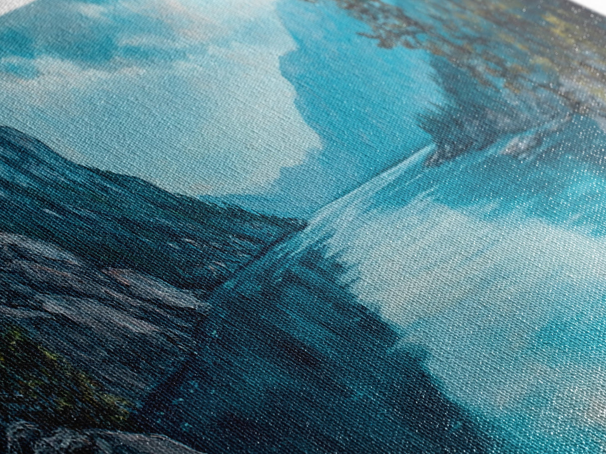 Tranquil Lake Landscape Wall Art, Blue Nature Painting, Rustic Lodge Decor, Large Wide Artwork, Living Room Wall Art