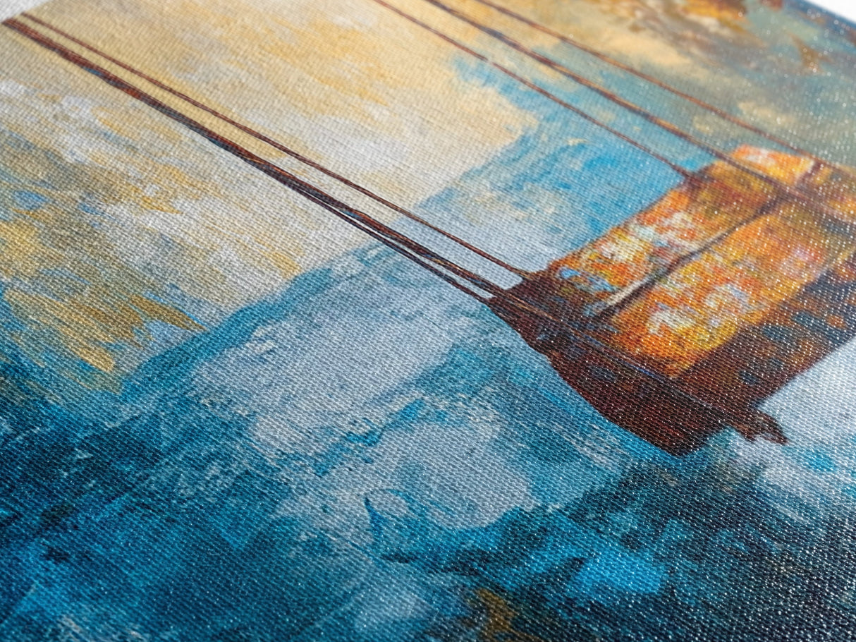 Rustic Wooden Swing by the Ocean, Serene Beach Wall Art, Tranquil Coastal Decor, Dreamy Blue and Gold Painting, Bedroom Artwork