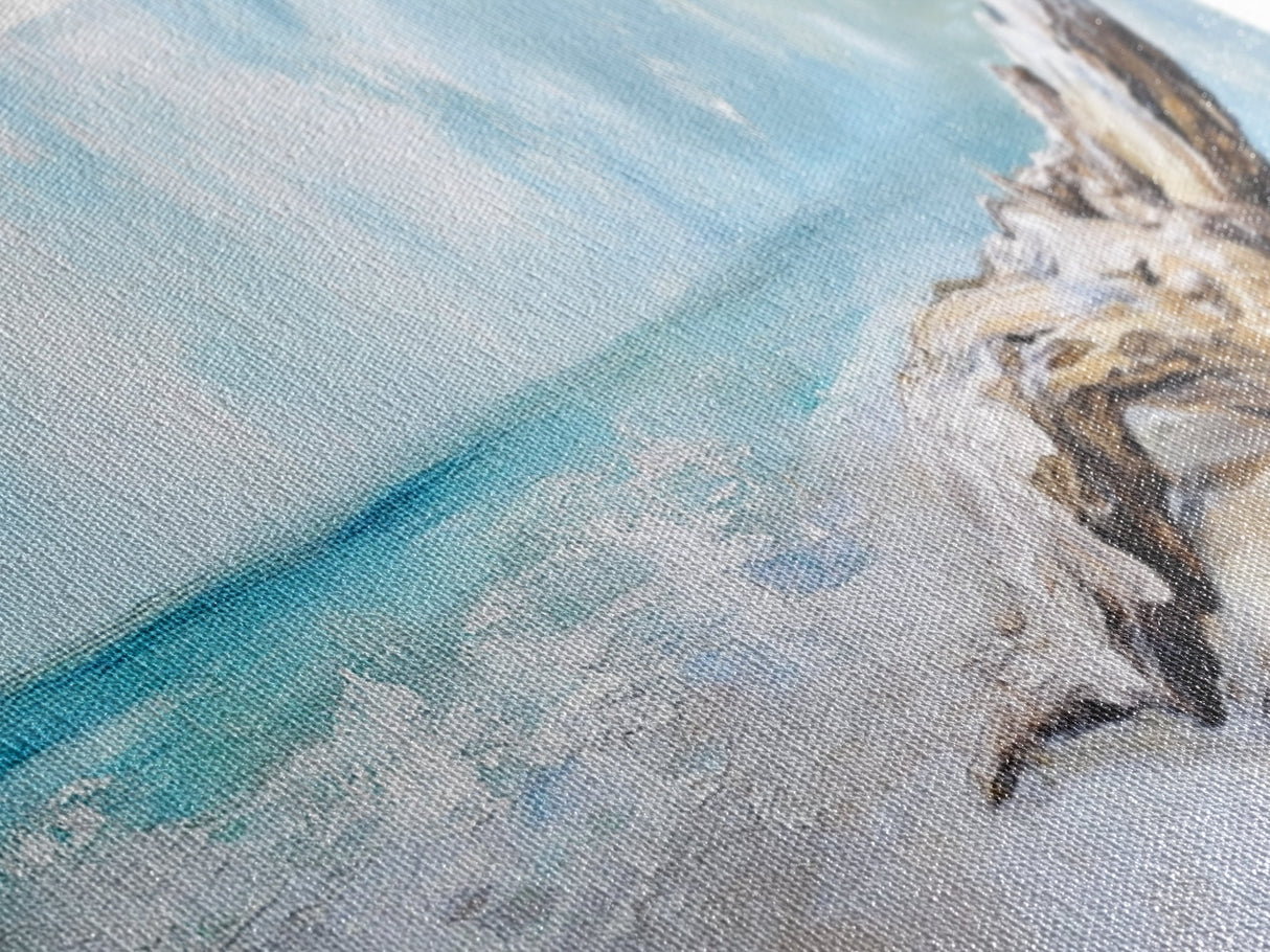 Driftwood on the Beach, Tranquil Coastal Landscape Wall Art, Serene Ocean Painting, Minimalist Seascape Decor, Relaxing Artwork