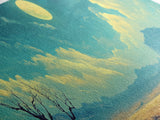 Moonlit Desert Nightscape, Mystical Blue and Gold Landscape Art, Dreamy Celestial Wall Decor, Surreal Nature Painting