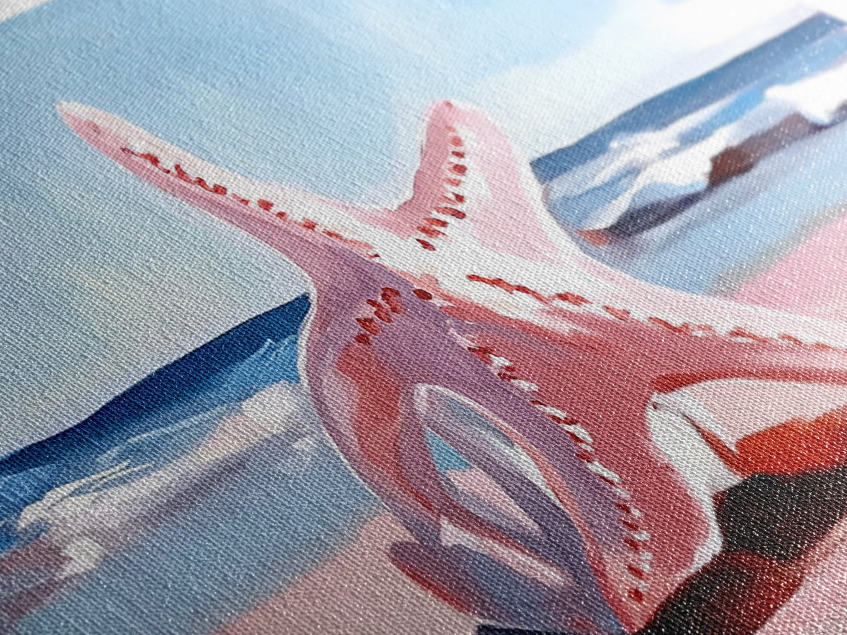 Starfish on Beach, Coastal Wall Art, Ocean Inspired Decor, Nautical Framed Canvas Print, Blue and Pink Summer Vibes Artwork