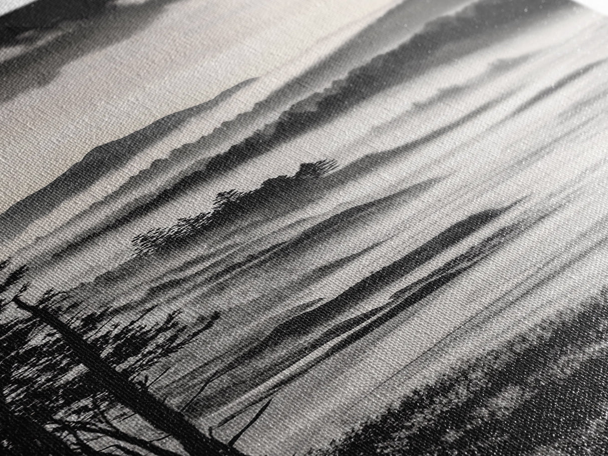 Misty Mountain Coast, Black and White Landscape Art, Modern Wall Decor, Framed Canvas Print, Minimalist Nature Art, Bedroom Wall Art