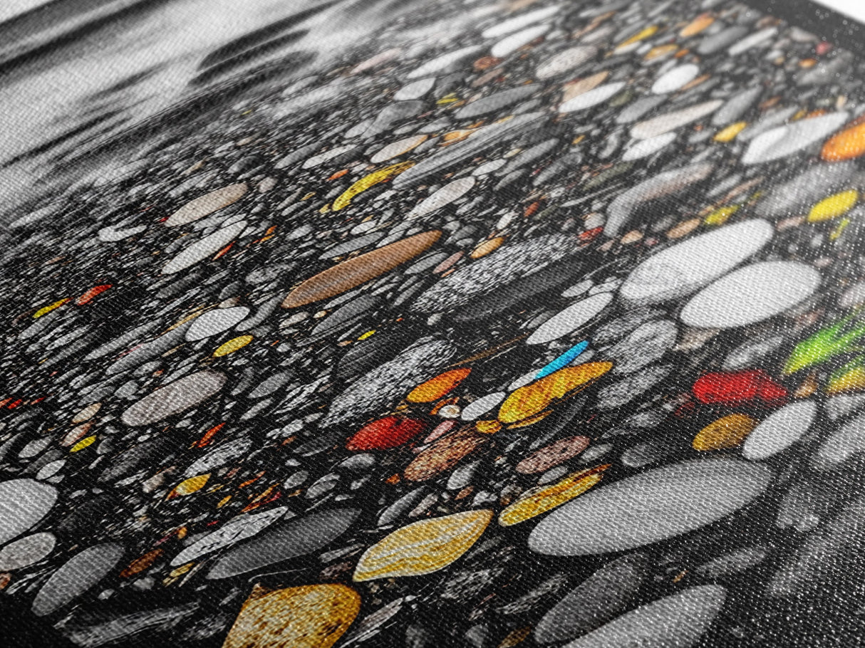 Colorful Pebble Beach, Ocean Rock Photography, Nature Wall Art, Coastal Home Decor, Modern Beach House Print, Framed Canvas Print