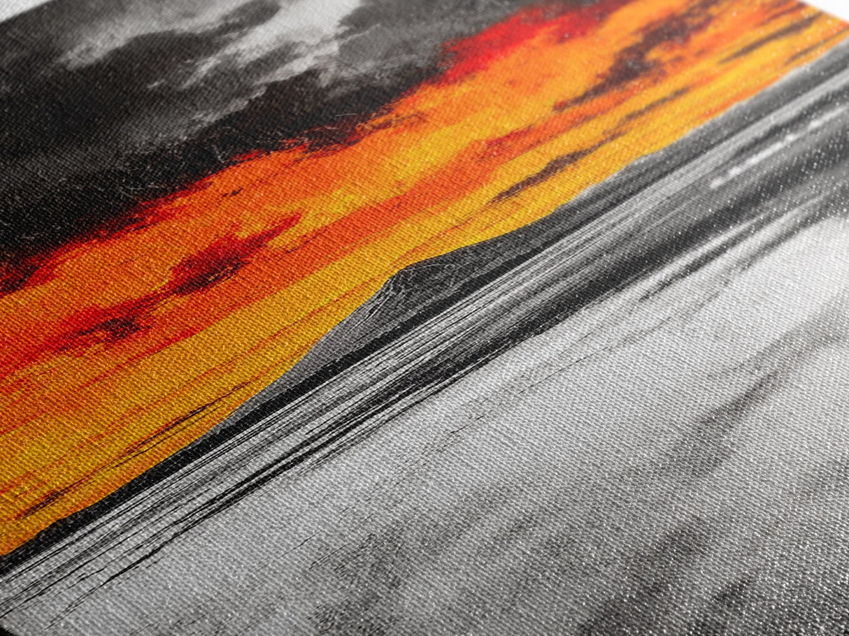 Volcanic Sunset, Fiery Sky, Abstract Mountain, Dramatic Art, Framed Canvas Print, Statement Wall Art, Bold Living Room Decor