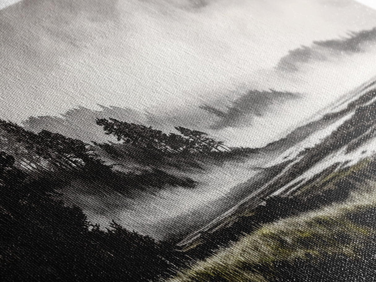 Foggy Hills, Woodland Landscape, Monochrome Art, Canvas Print, Rustic Nature Decor, Peaceful Wall Art, Mountain Art