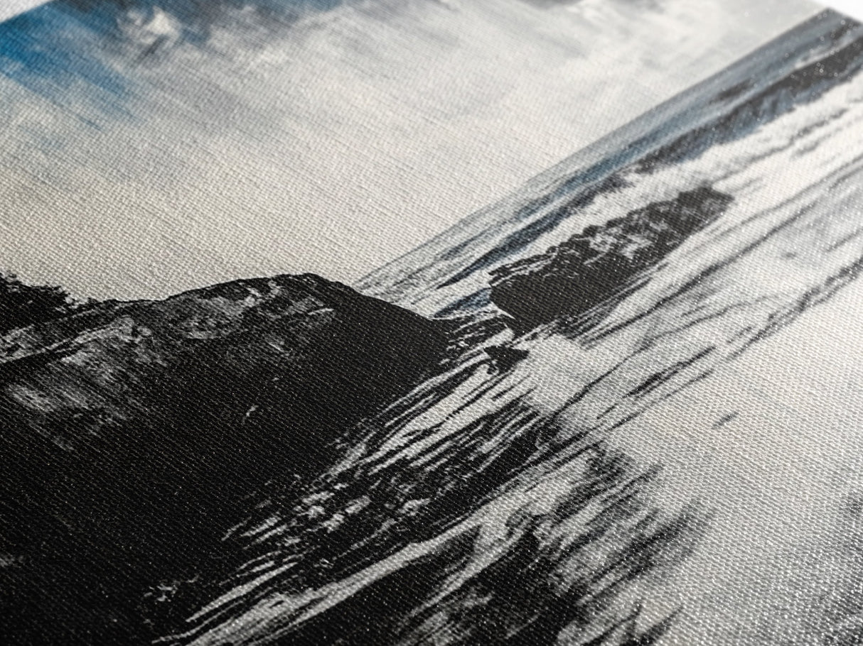 Dramatic Cliffside Painting, Ocean Wave Canvas Print, Monochrome Seascape Art, Moody Wall Decor, Coastal Artwork, Framed Canvas Print