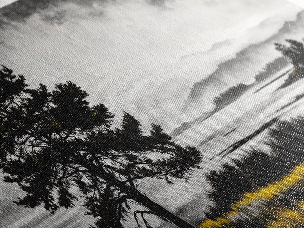 Foggy Pine Tree Art, Landscape Canvas Print, Black and White Painting, Autumn Wall Decor, Cabin Inspired Artwork, Framed Canvas Print