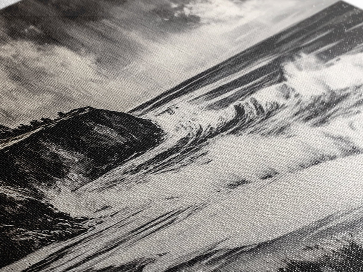 Ocean Waves, Coastal Landscape, Black and White, Framed Canvas Print, Nautical Wall Art, Minimalist Art, Living Room Wall Decor