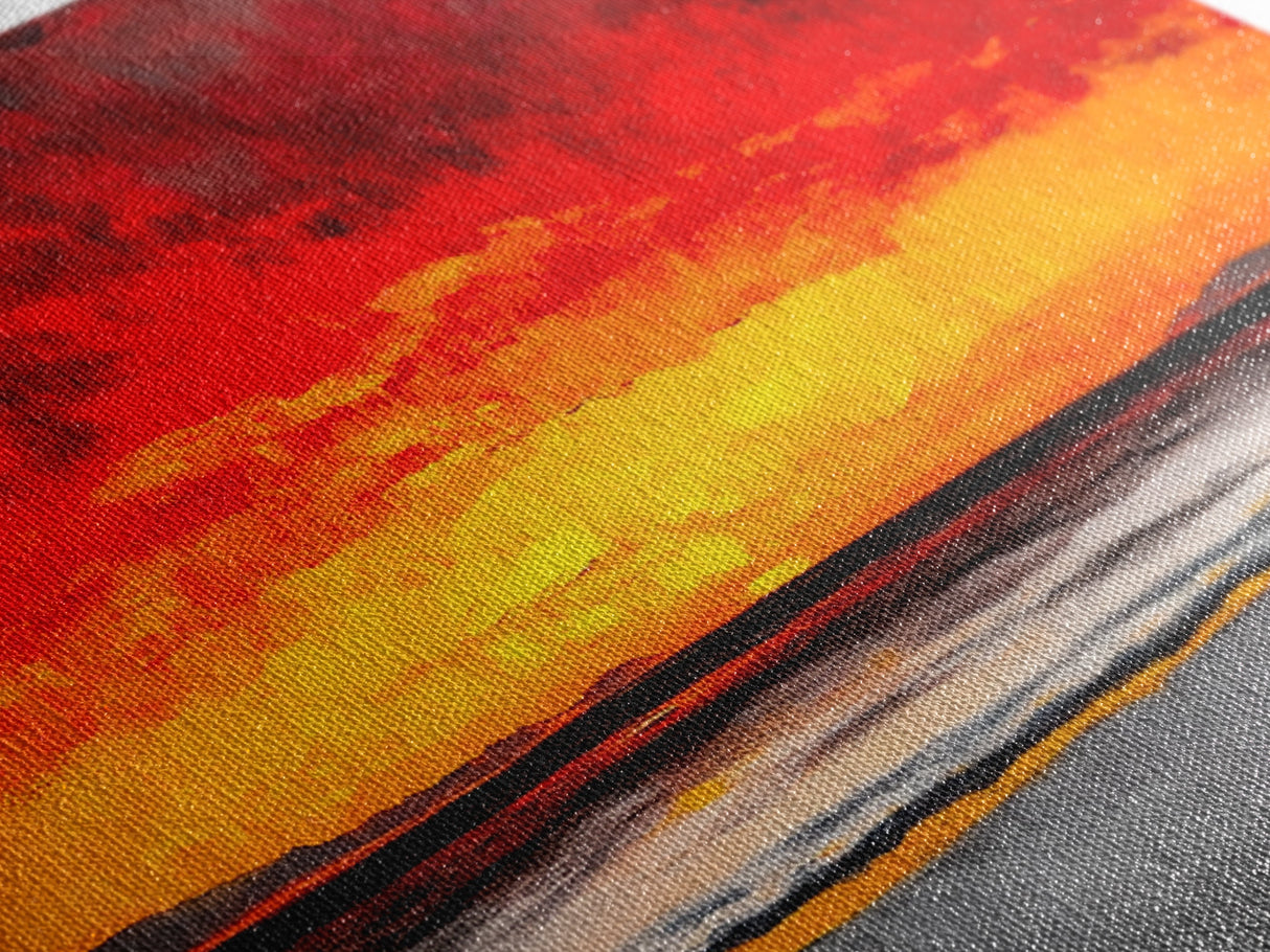 Red Sunset, Ocean Shore, Dramatic Sky, Bold Expressionist Art, Vibrant Landscape, Beach House Decor, Living Room, Canvas Print