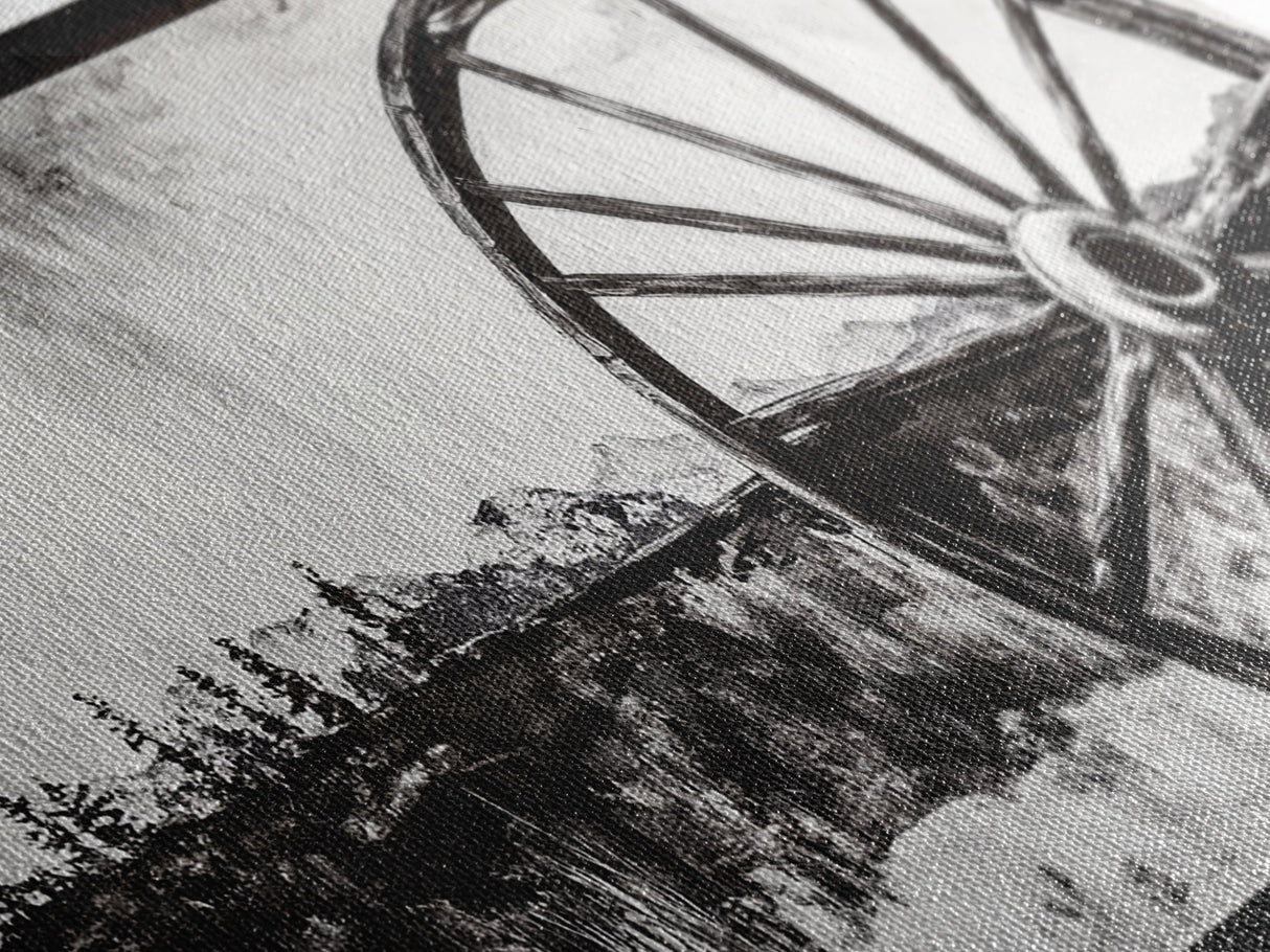 Wagon Wheel, Mountain Landscape, Black and White Western Art, Rustic Home Decor, Framed Canvas Print, Farmhouse Living Room Art