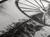 Wagon Wheel, Mountain Landscape, Black and White Western Art, Rustic Home Decor, Framed Canvas Print, Farmhouse Living Room Art