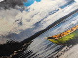 Green Canoe, Tranquil Art, Lake Landscape, Serene Cabin Wall Art, Adventure Home Decor, Living Room Art, Framed Canvas Print