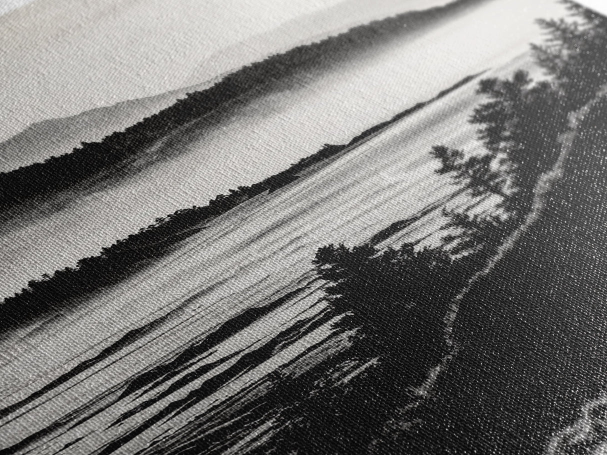 Misty Mountain, Black White Wall Art, Landscape Painting, Nature Artwork, Modern Home Decor, Minimalist Art, Framed Canvas Print