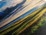 Sunset Over Hills, Coastal Fields, Dramatic Sky, Nature Wall Art, Framed Canvas Print, Vibrant Home Decor, Rolling Landscape, Ocean View
