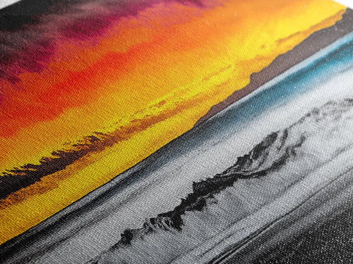 Fiery Sunset, Beach Scene, Ocean Waves, Vibrant Seascape, Framed Canvas Print, Living Room Art, Modern Coastal Wall Art, Beach House Decor