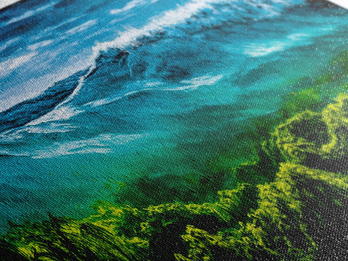 Ocean Wave, Deep Blue Seascape, Underwater Scene, Green and Blue, Coastal Home Decor, Tropical Wall Art, Framed Canvas Print