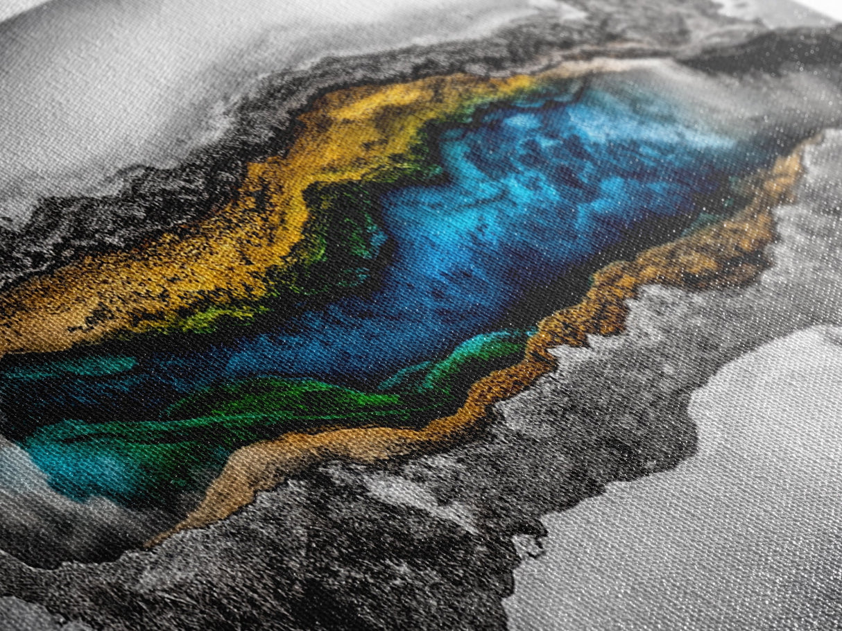 Hot Spring, Geothermal Pool Art, Abstract Nature, Deep Blue and Gold, Black and White Contrast, Unique Wall Decor, Framed Canvas Print