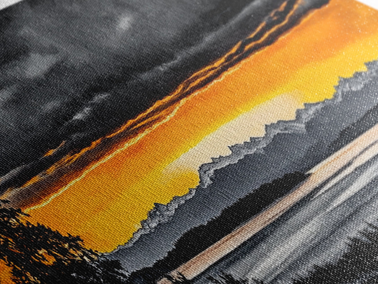 Sunset Over Mountains, Dramatic Landscape Art, Black and Yellow Wall Art, Bold Sky Painting, Nature Print, Office Wall Decor, Framed Canvas Prin