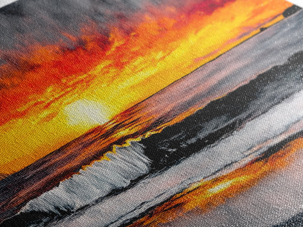 Fiery Sunset Over Ocean, Vibrant Beach Painting, Red and Yellow Sky Wall Art, Coastal Home Decor, Seascape Art, Living Room Artwork, Canvas Print